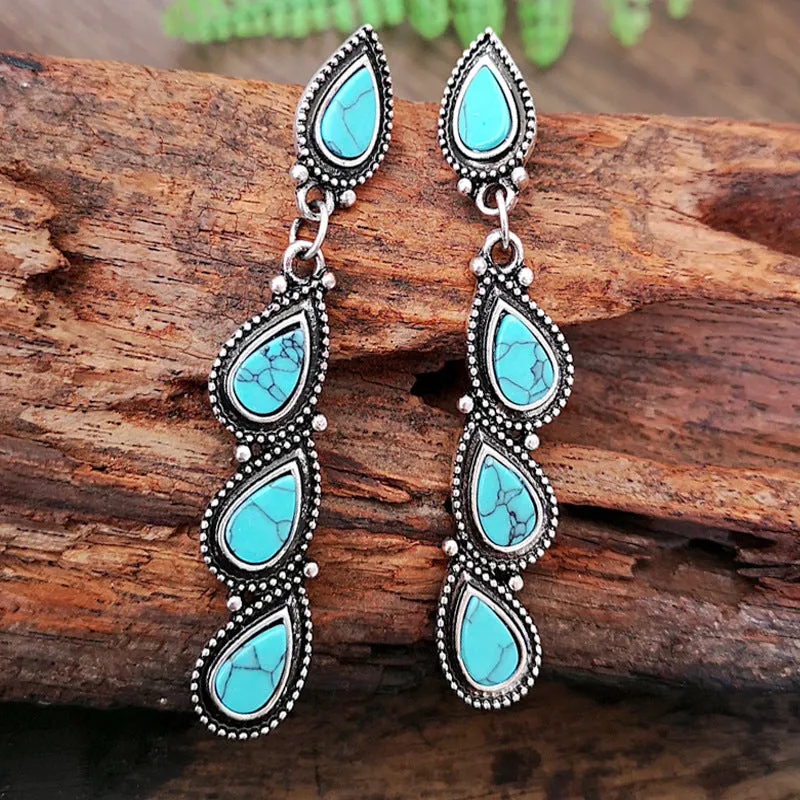 Blue Turquoise 3 Tier Water Drop Long Earrings