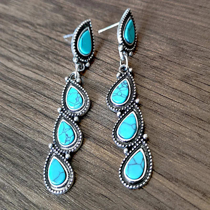 Blue Turquoise 3 Tier Water Drop Long Earrings