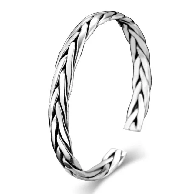 Braided 999 Genuine Silver Retro Open Cuff Bracelet