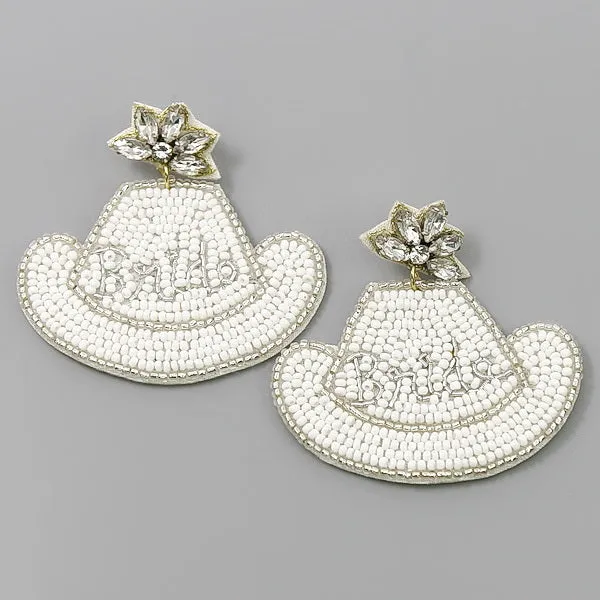 Bride Cowboy Hat Seed Beaded Earrings