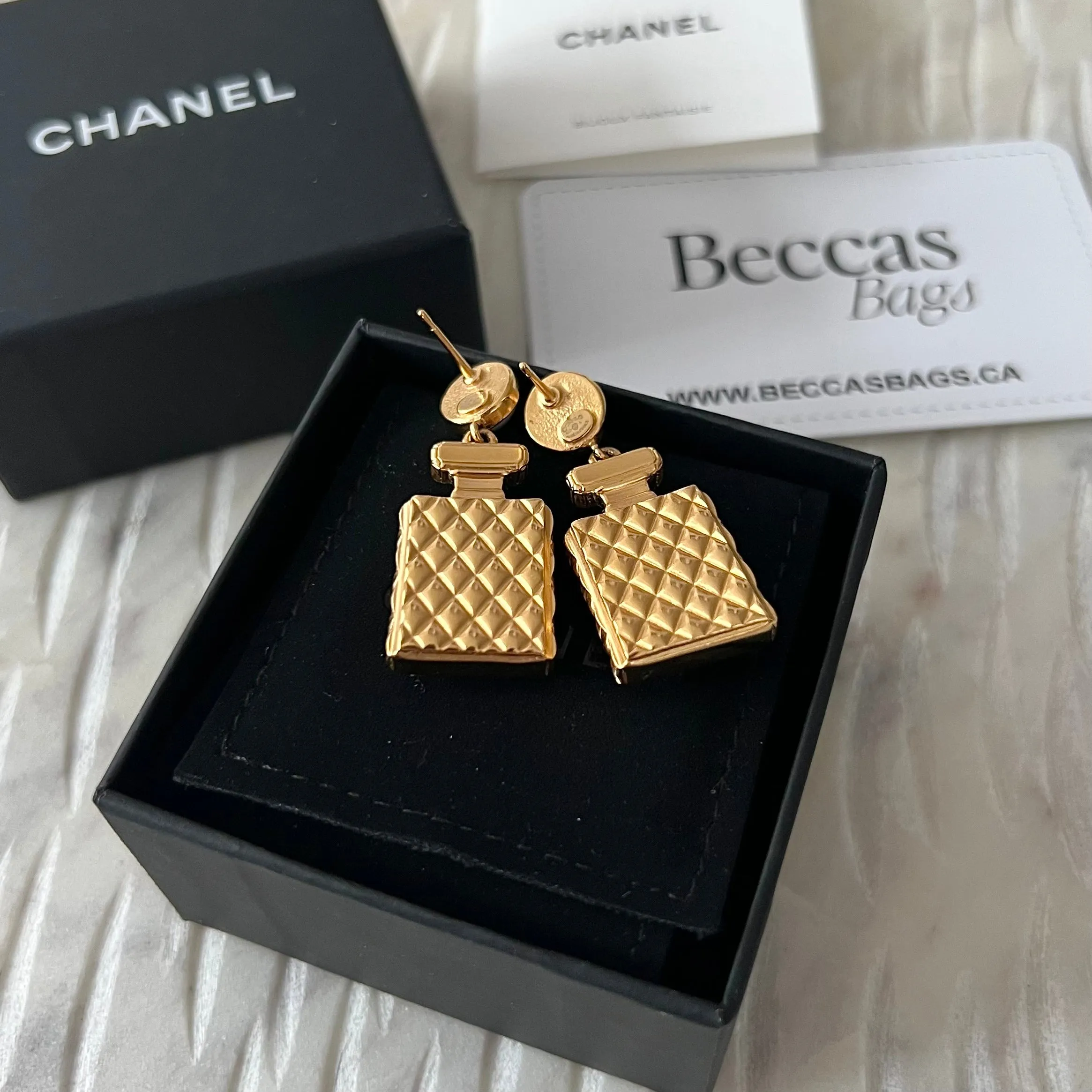 CHANEL Crystal Pearl CC Perfume Bottle Drop Earrings Gold