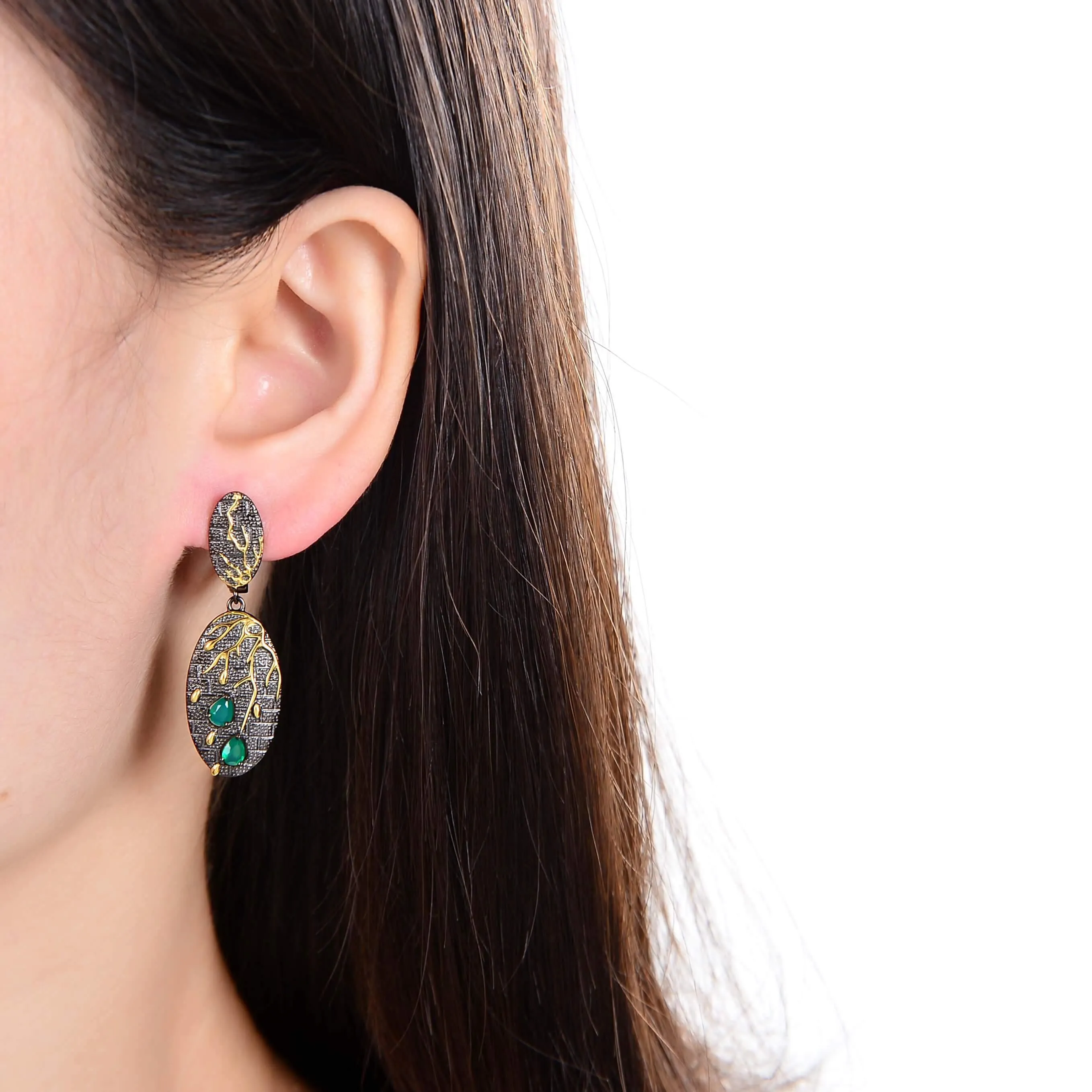 Chrome Diopside Gold-Plated Dangling Earrings