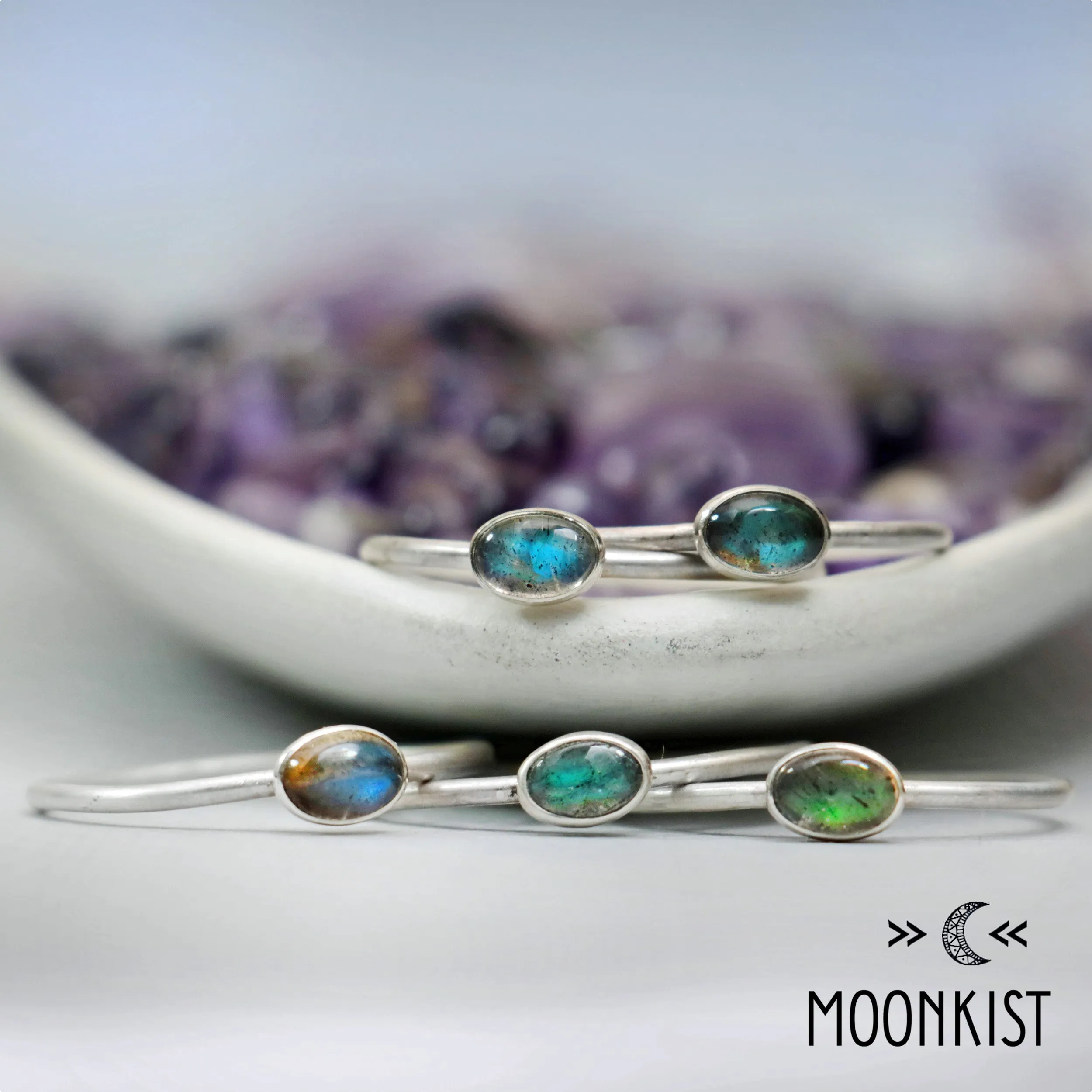 Dainty Silver Oval Labradorite Stacking Ring Set | Moonkist Designs