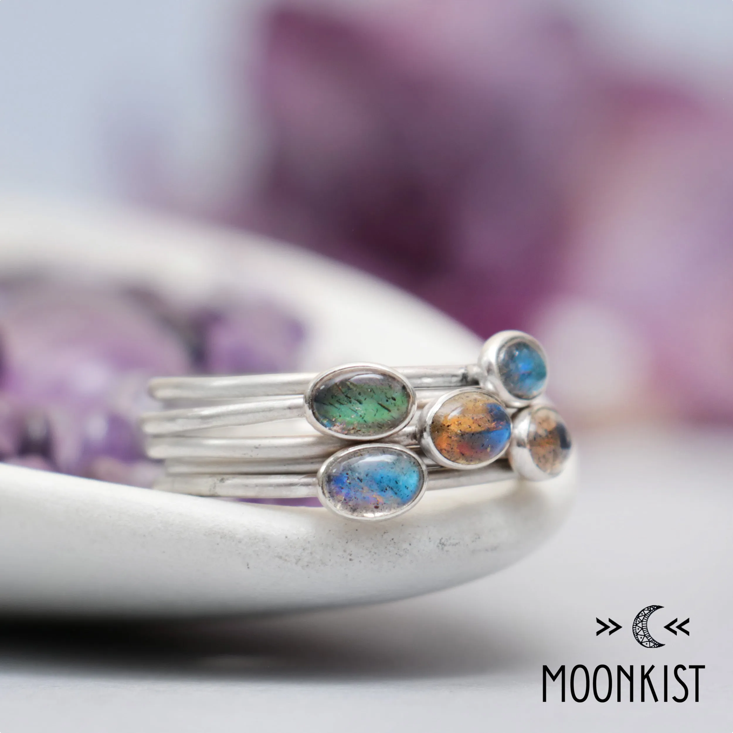 Dainty Silver Oval Labradorite Stacking Ring Set | Moonkist Designs