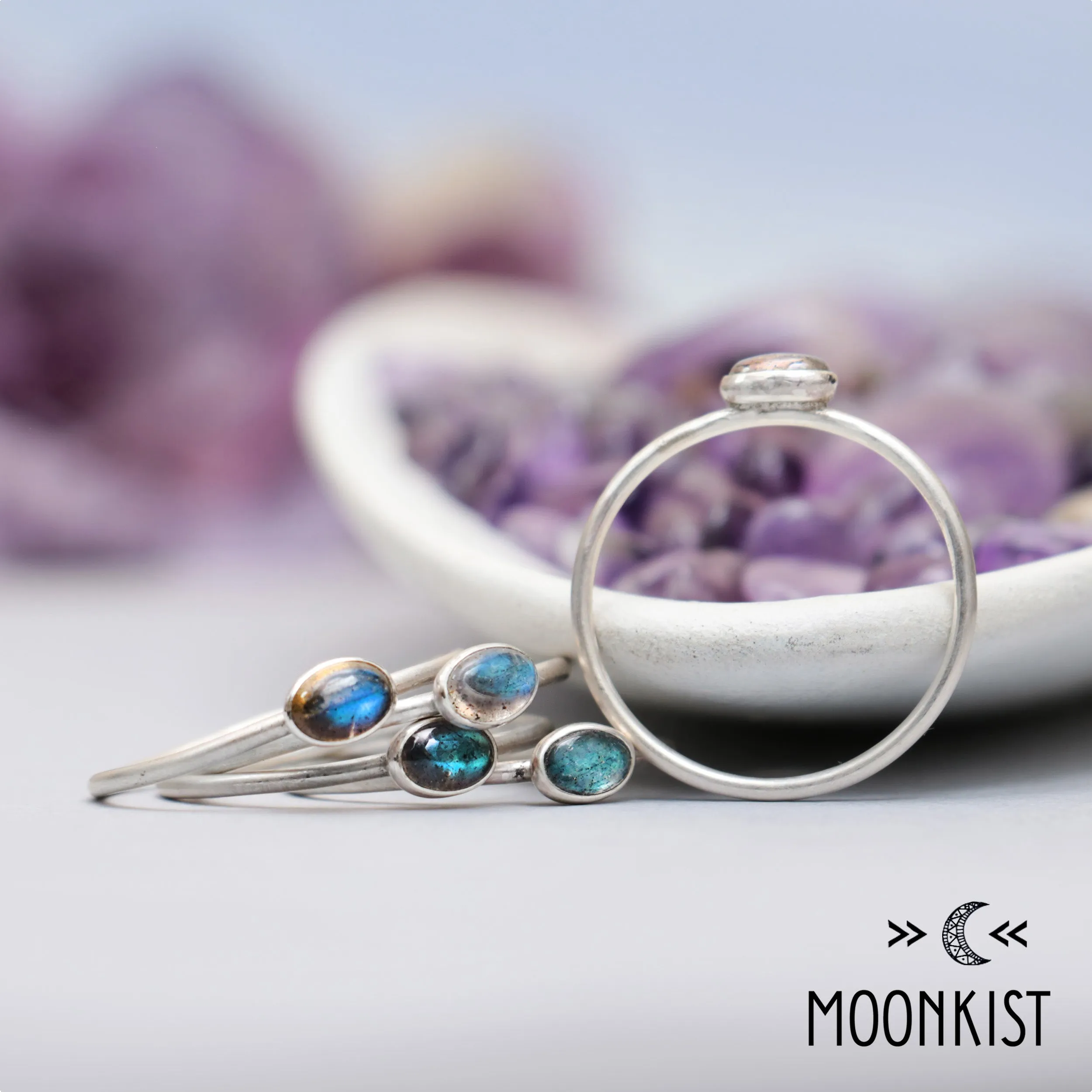 Dainty Silver Oval Labradorite Stacking Ring Set | Moonkist Designs