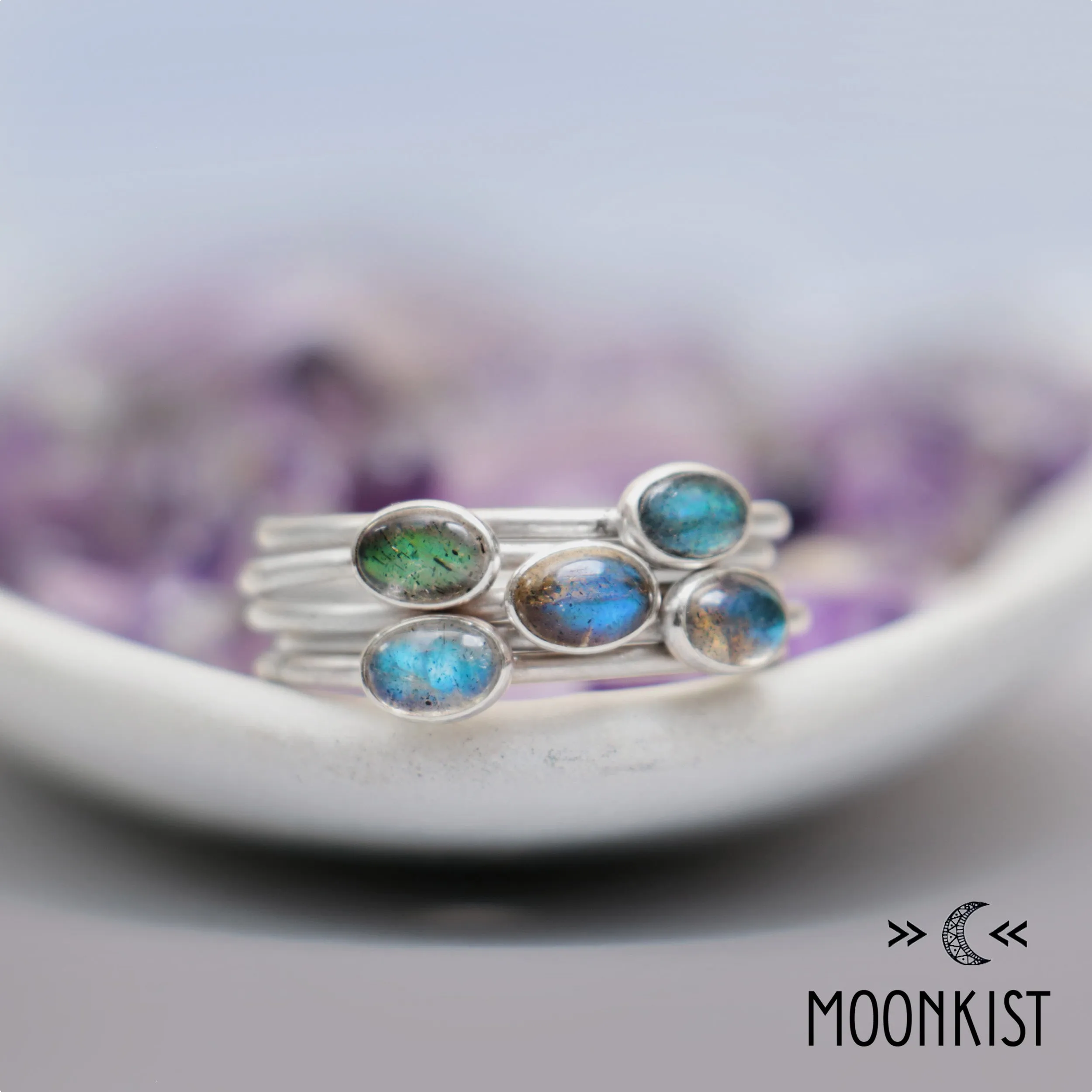 Dainty Silver Oval Labradorite Stacking Ring Set | Moonkist Designs