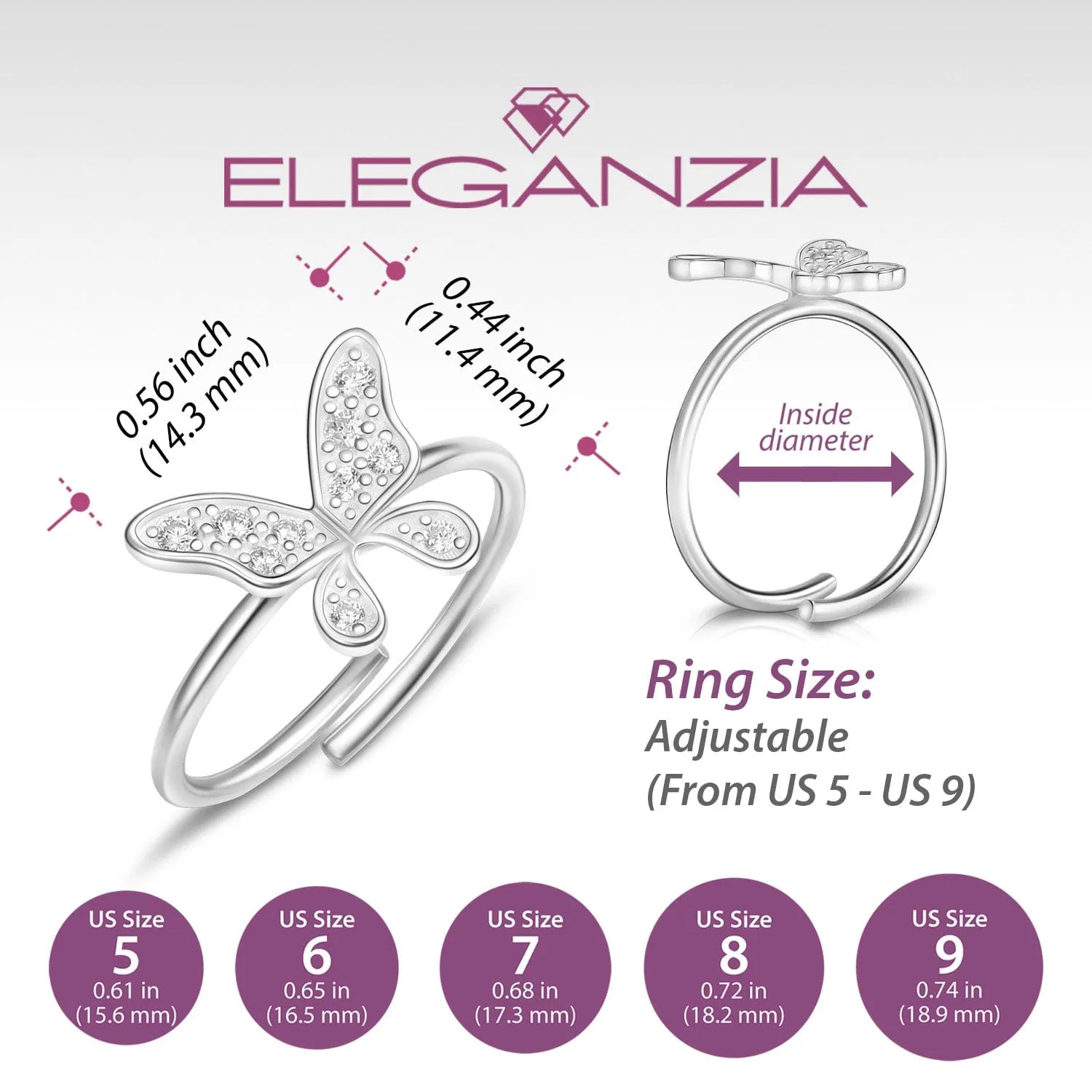 Dazzling CZ Butterfly Sterling Silver Ring Adjustable