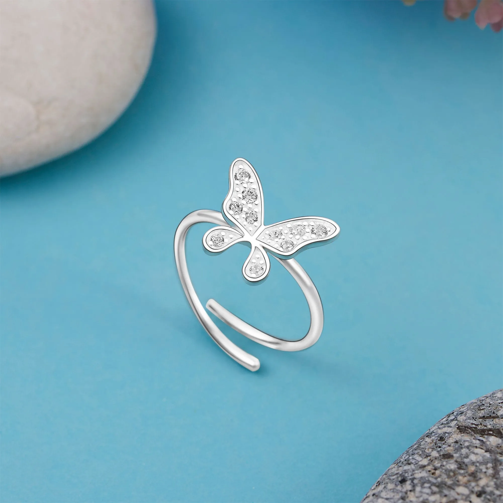 Dazzling CZ Butterfly Sterling Silver Ring Adjustable