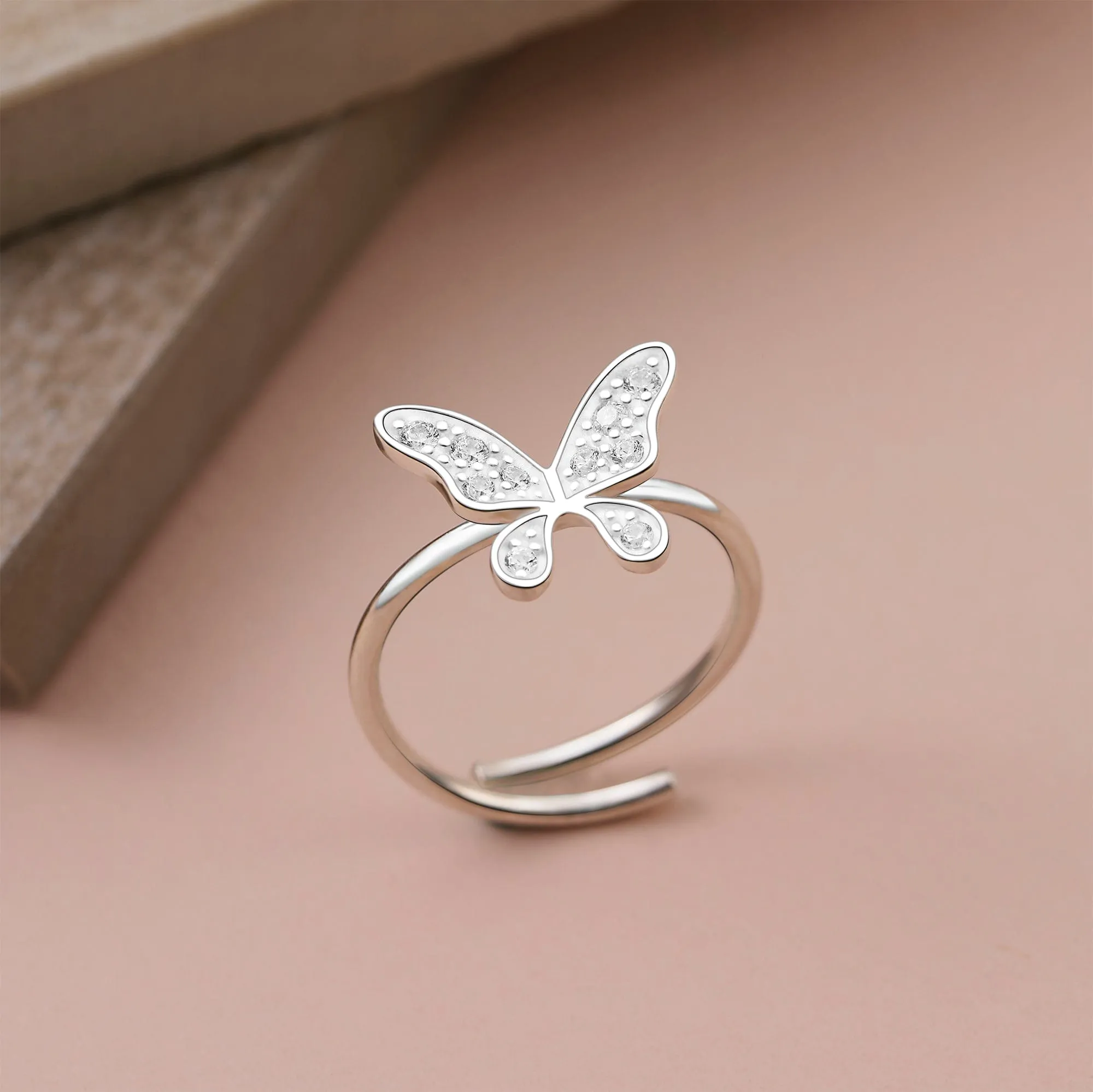 Dazzling CZ Butterfly Sterling Silver Ring Adjustable