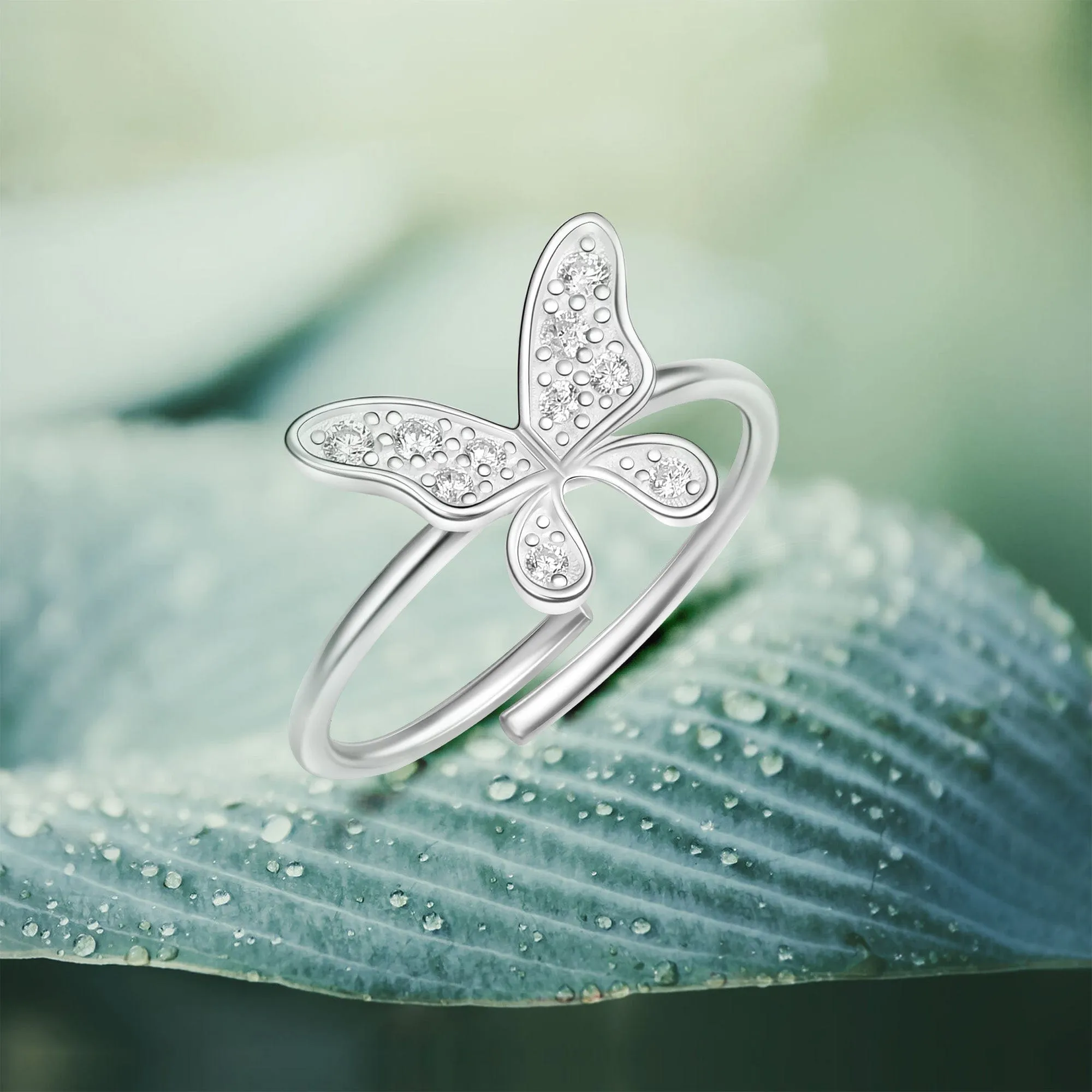 Dazzling CZ Butterfly Sterling Silver Ring Adjustable