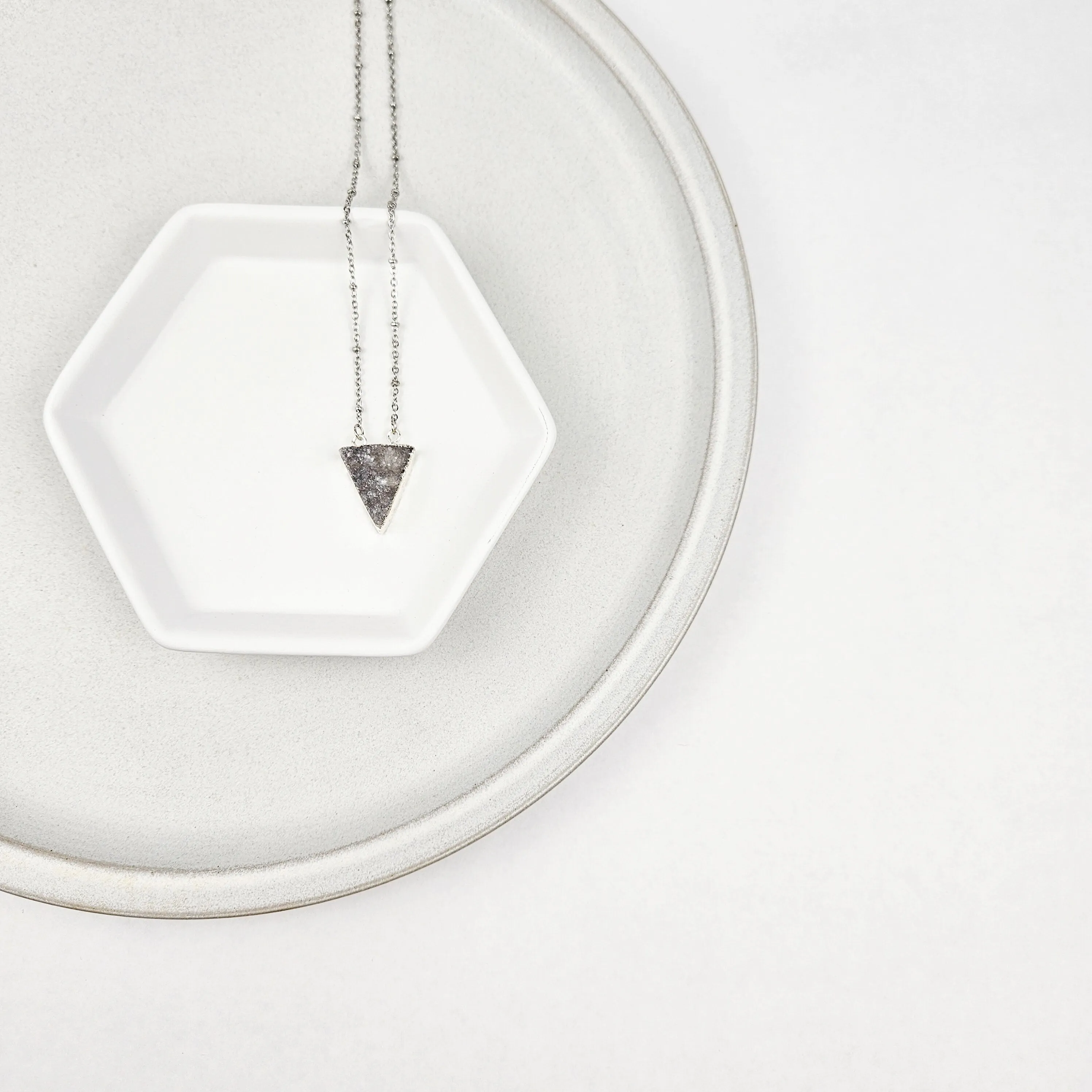 Druzy Quartz Triangle Silver Necklace