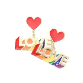 Enamel Metal Heart Rainbow Love Message Link Dangle Earrings