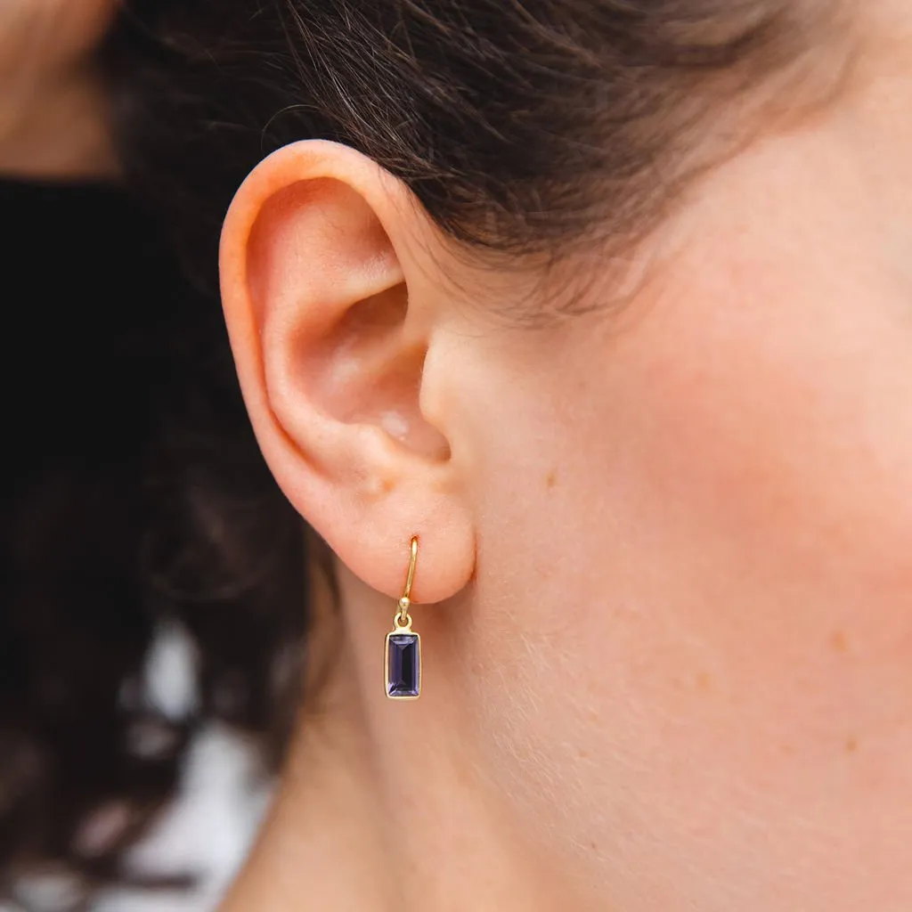 Extra Small Bezel-Set Iolite Baguette Earrings