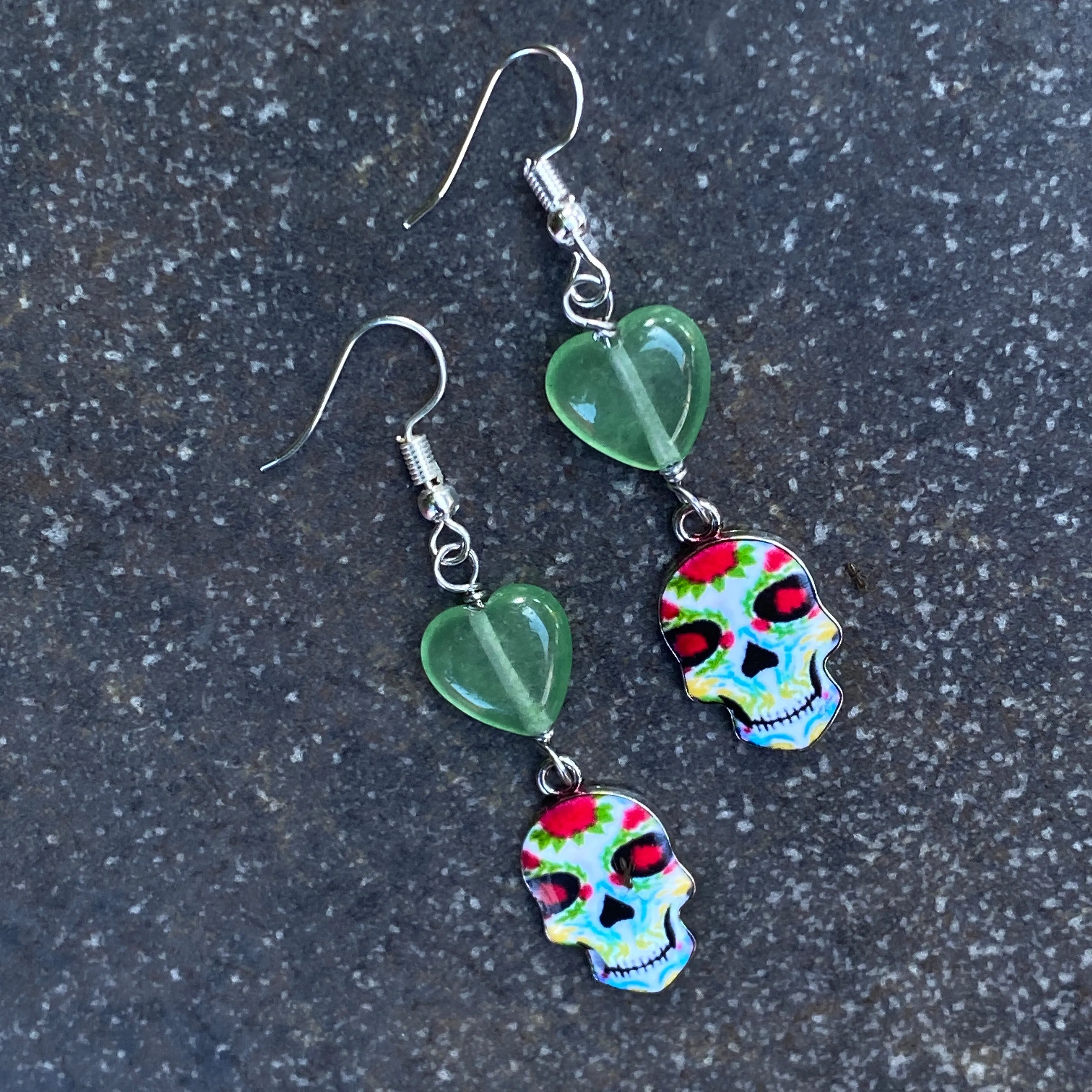 Gemstone with Metal Sugar Skull dangle and drop Earrings