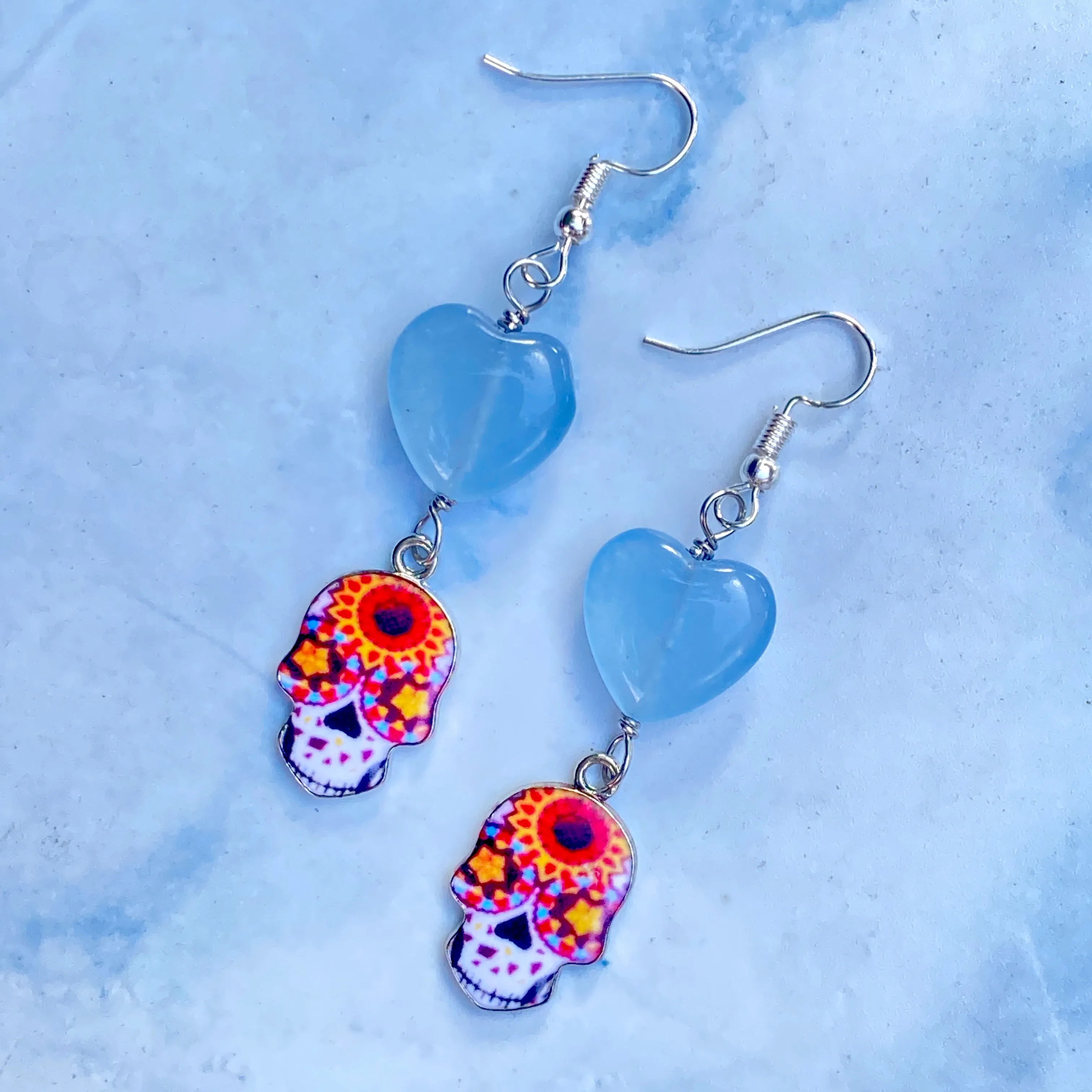 Gemstone with Metal Sugar Skull dangle and drop Earrings