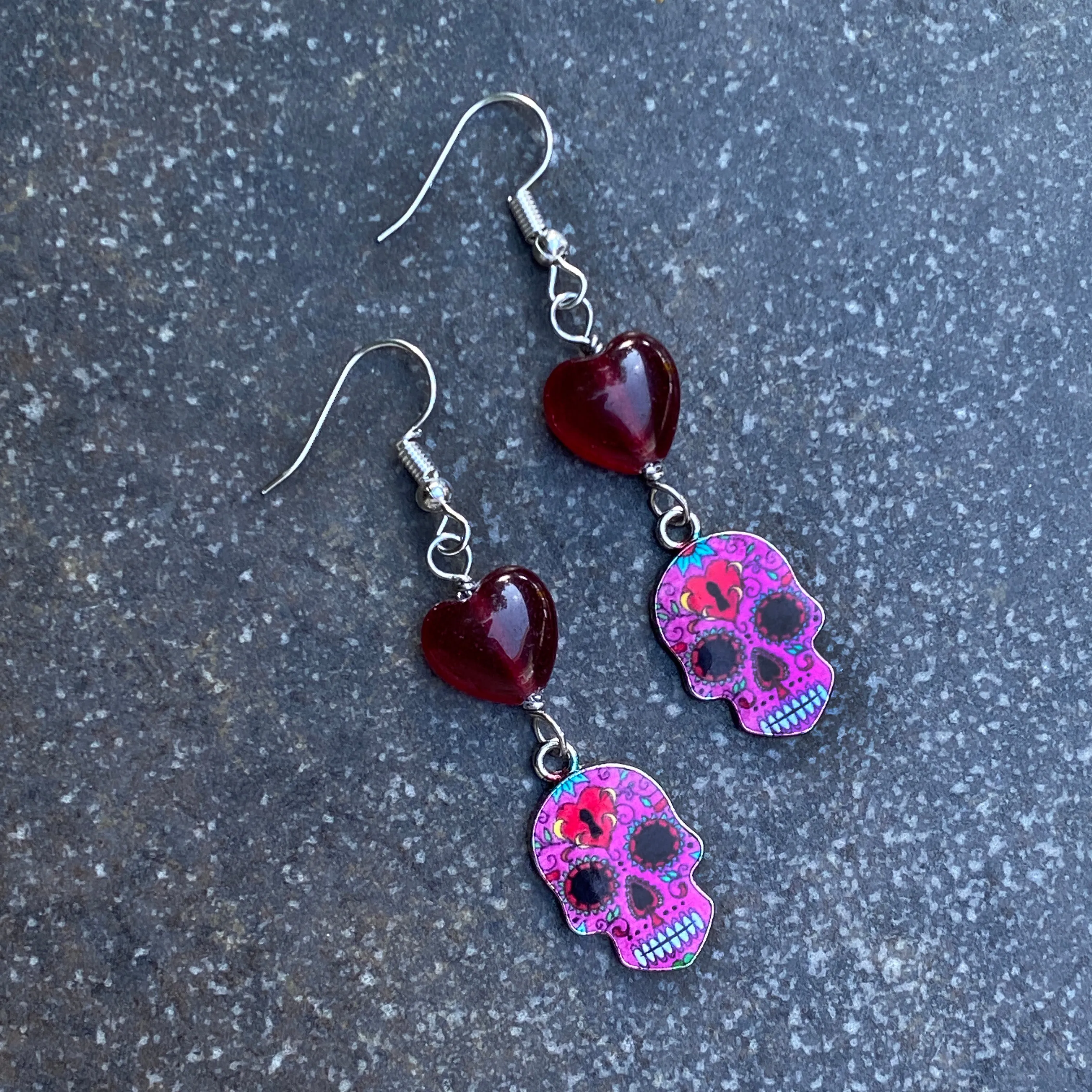 Gemstone with Metal Sugar Skull dangle and drop Earrings