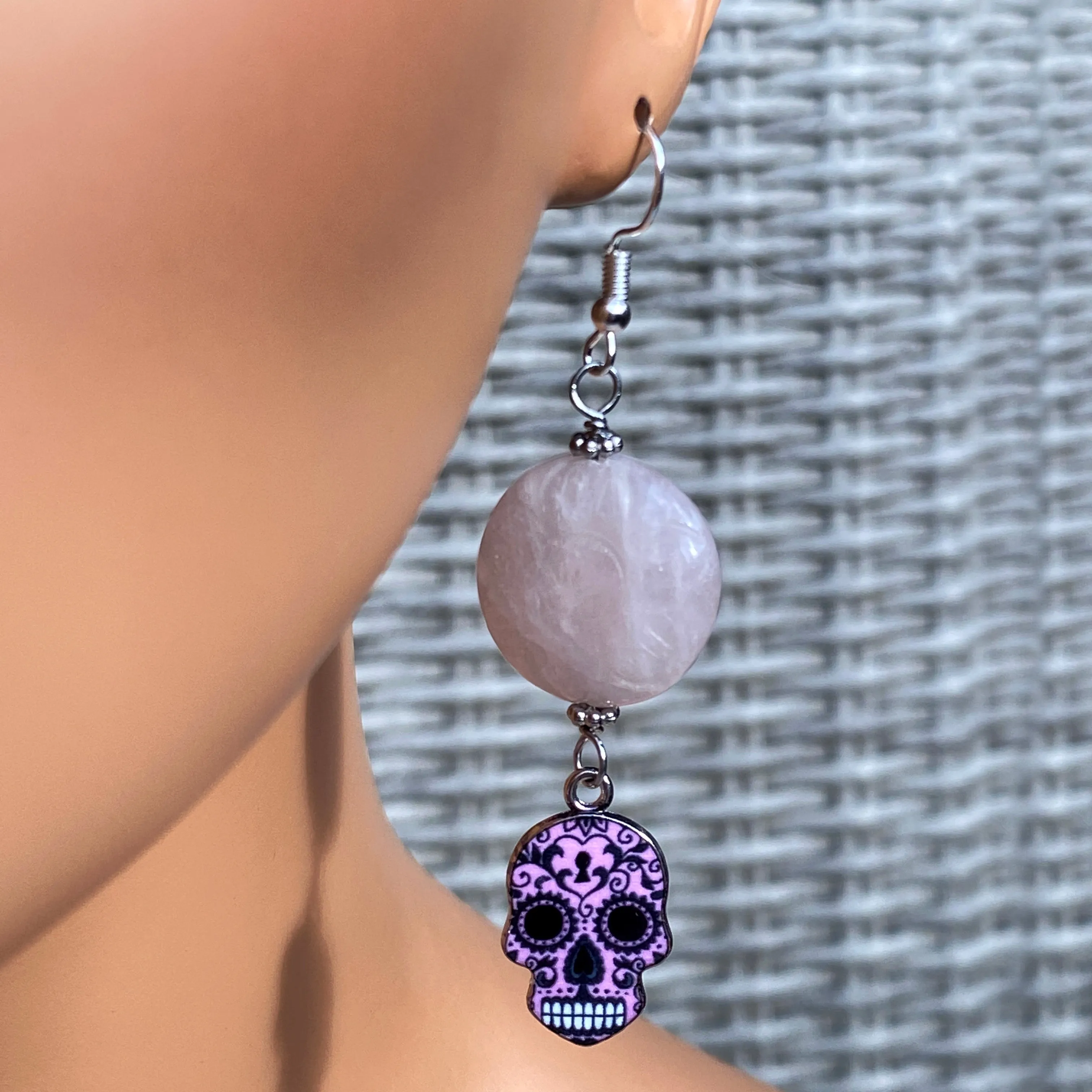 Gemstone with Metal Sugar Skull dangle and drop Earrings