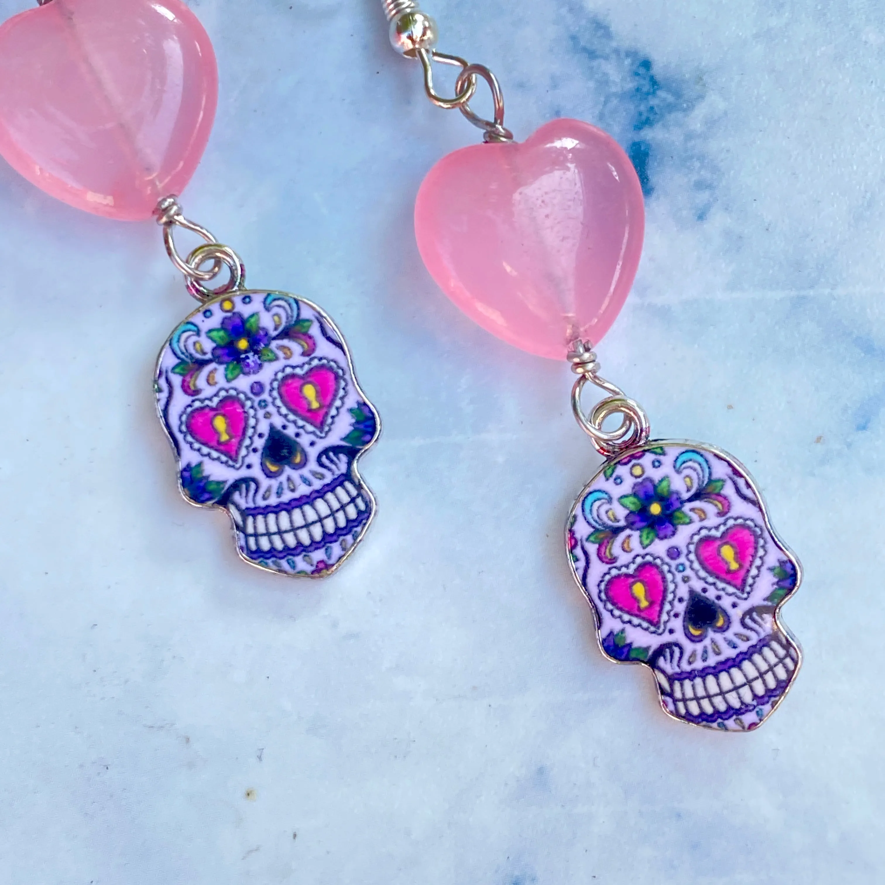 Gemstone with Metal Sugar Skull dangle and drop Earrings