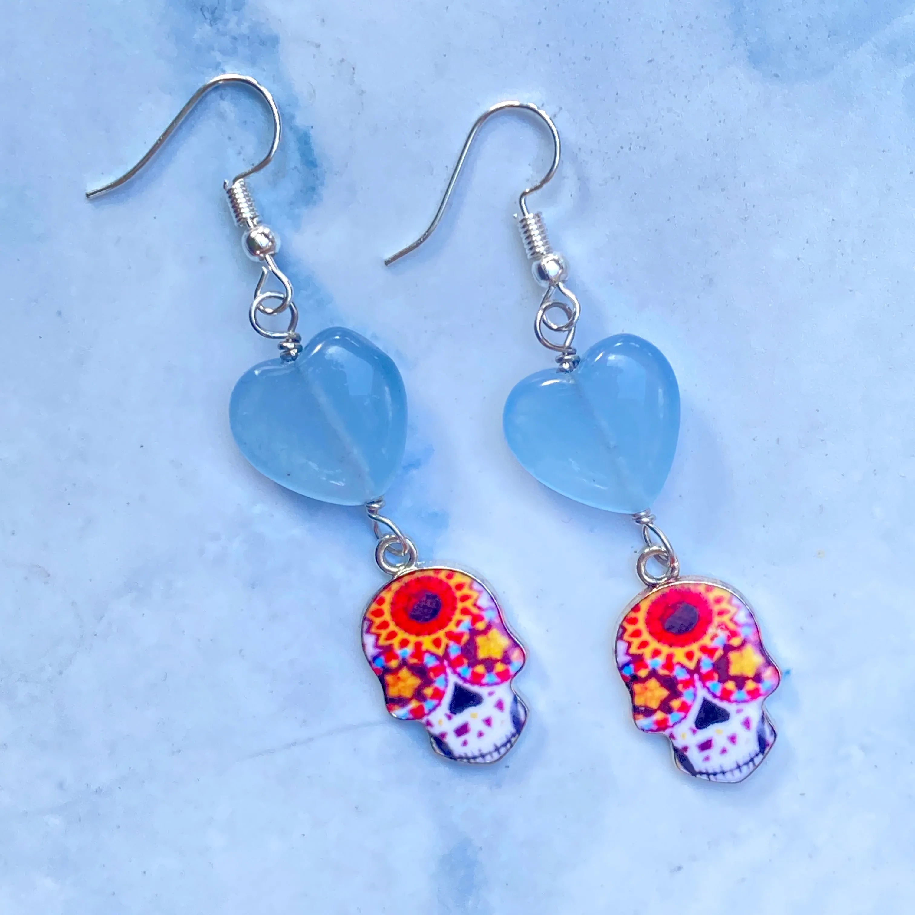 Gemstone with Metal Sugar Skull dangle and drop Earrings