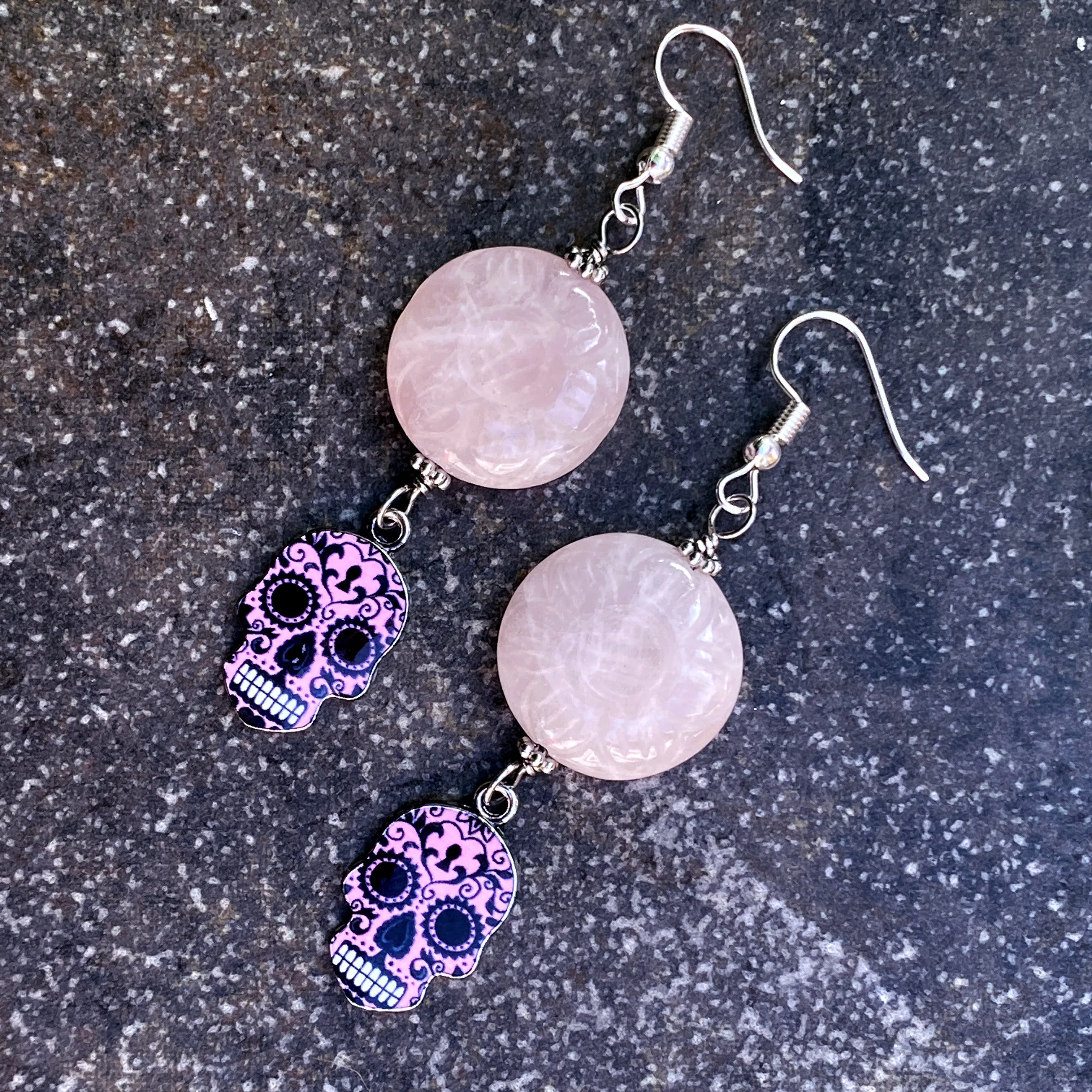 Gemstone with Metal Sugar Skull dangle and drop Earrings