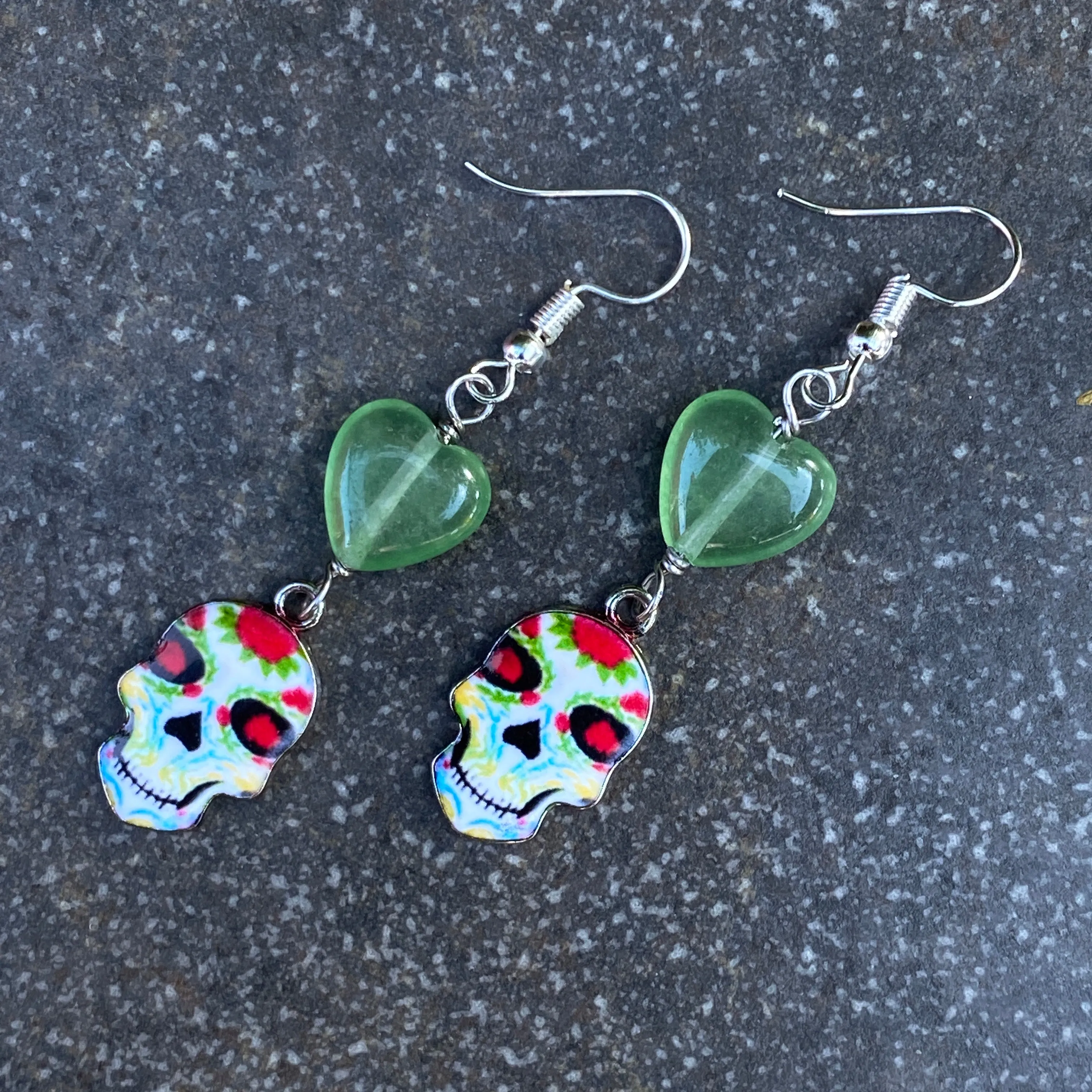 Gemstone with Metal Sugar Skull dangle and drop Earrings