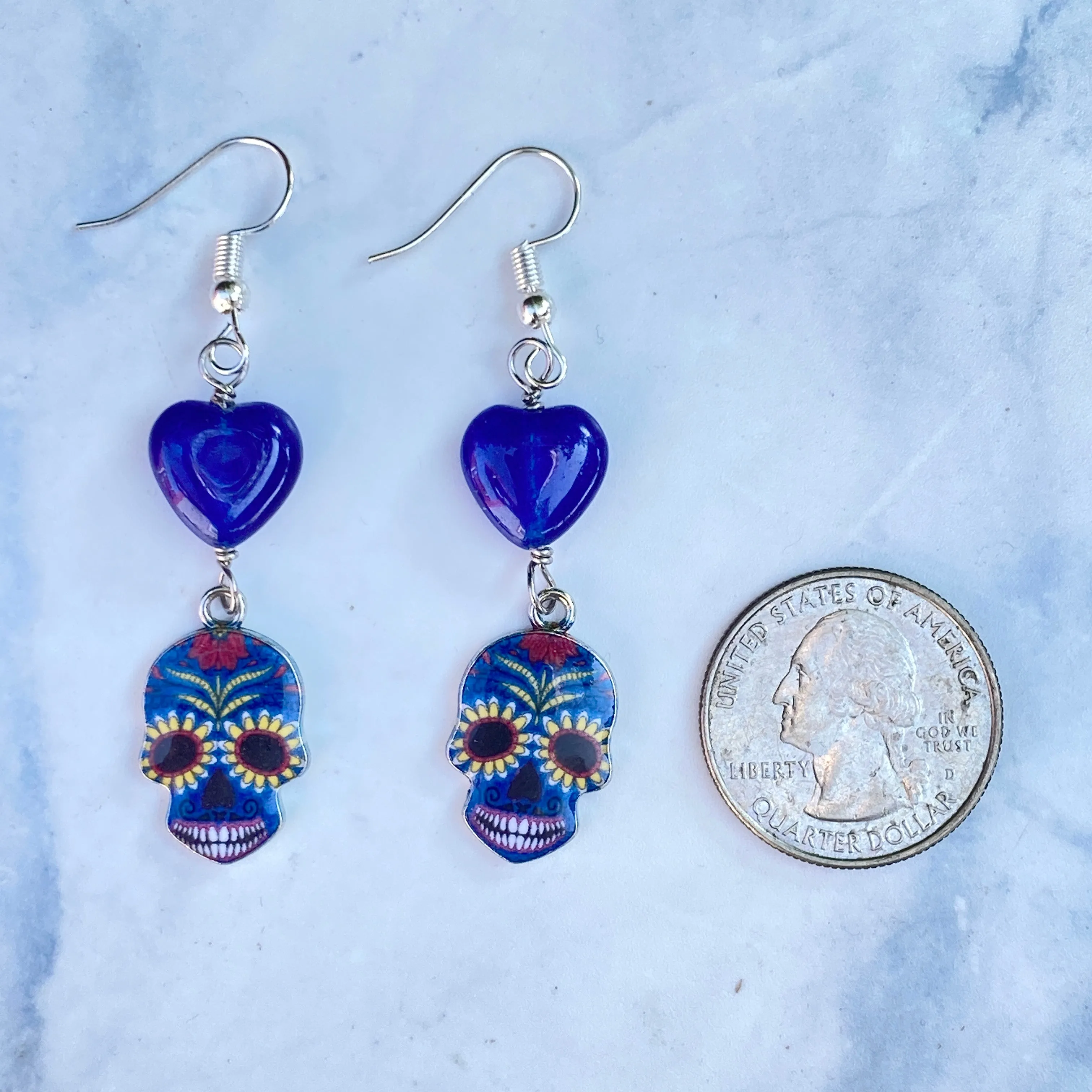 Gemstone with Metal Sugar Skull dangle and drop Earrings