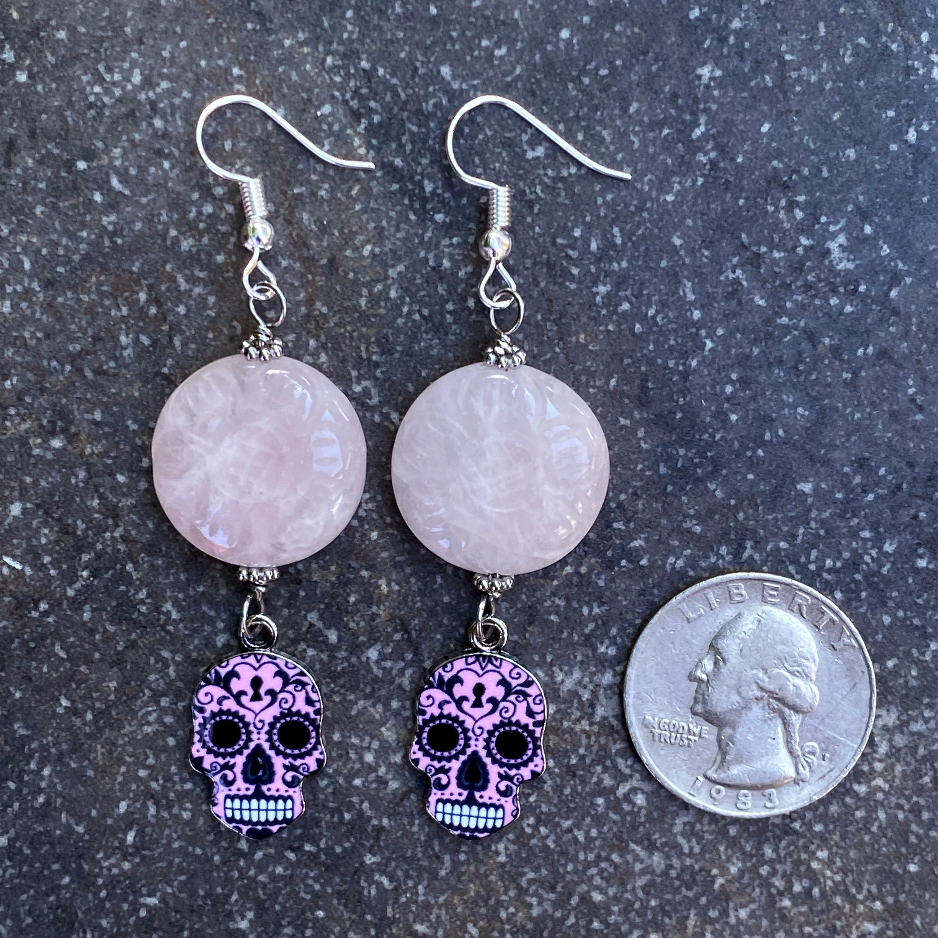 Gemstone with Metal Sugar Skull dangle and drop Earrings