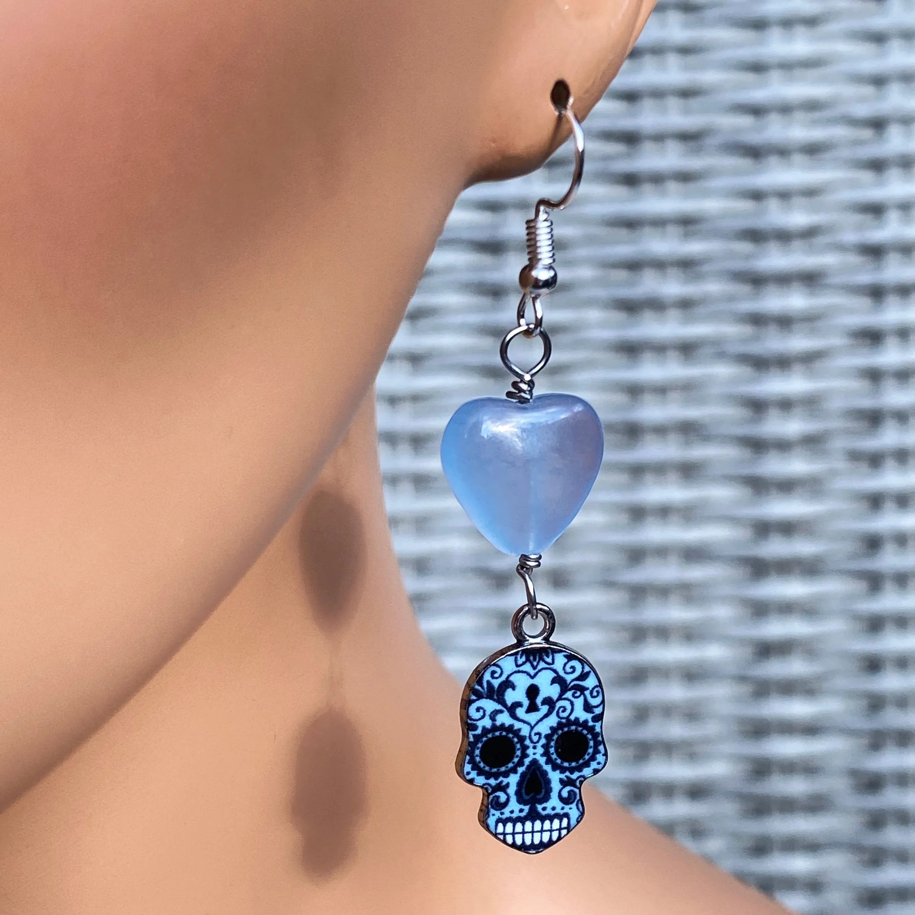 Gemstone with Metal Sugar Skull dangle and drop Earrings