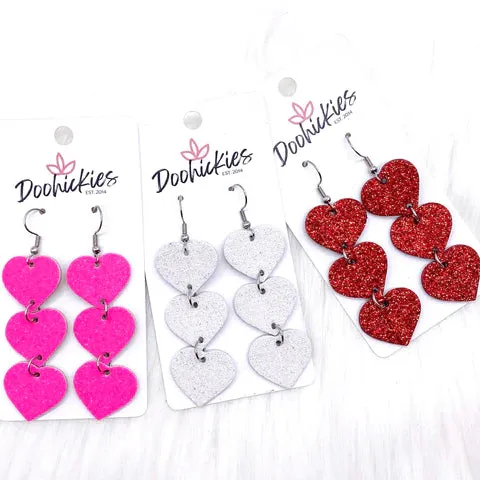 Glitter Heart Drop Earrings - Red