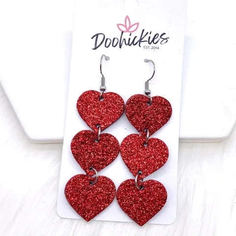 Glitter Heart Drop Earrings - Red