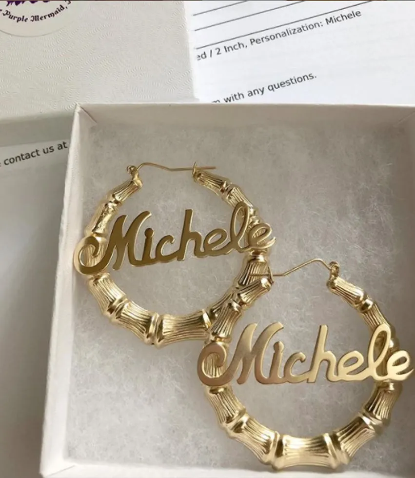 Gold Large Bamboo Name Hoop Earrings