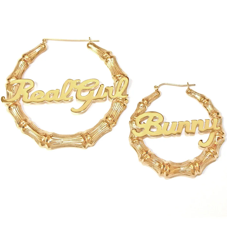 Gold Large Bamboo Name Hoop Earrings