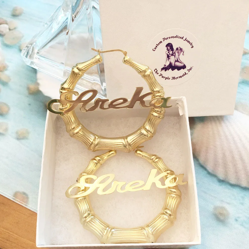 Gold Large Bamboo Name Hoop Earrings