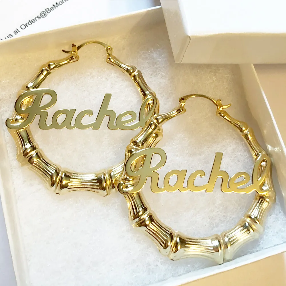 Gold Large Bamboo Name Hoop Earrings