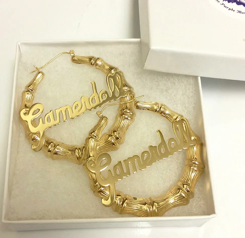 Gold Large Bamboo Name Hoop Earrings