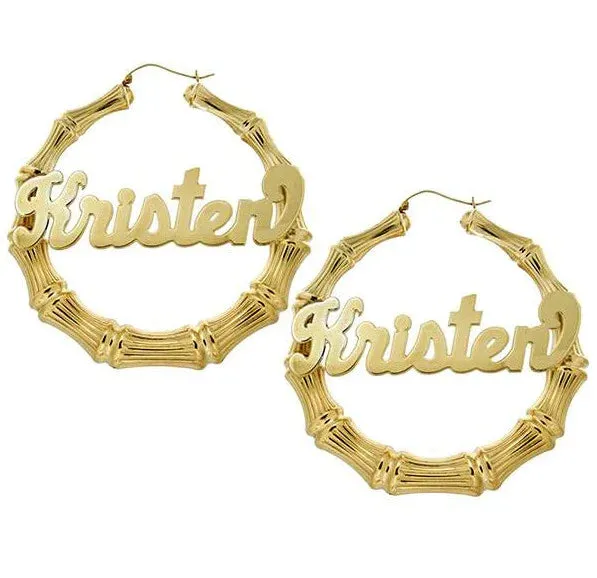 Gold Large Bamboo Name Hoop Earrings