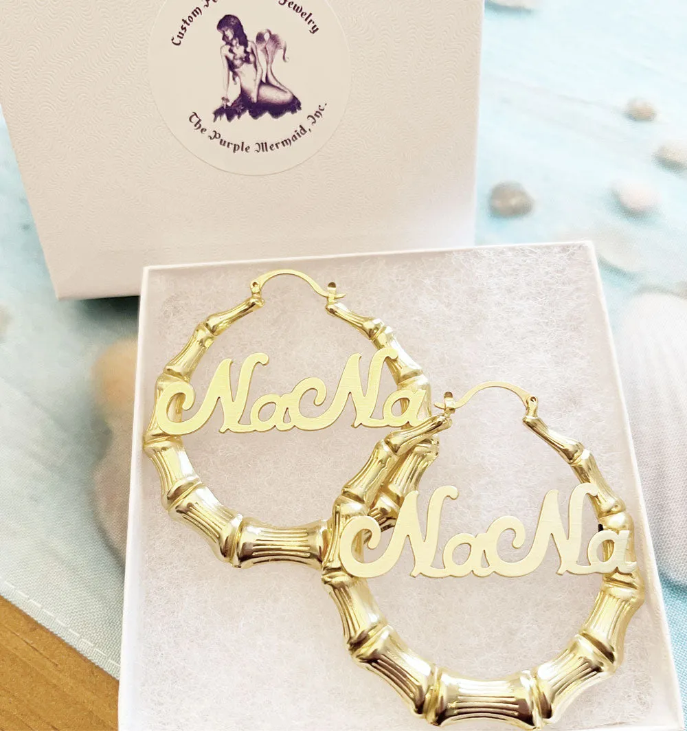 Gold Large Bamboo Name Hoop Earrings