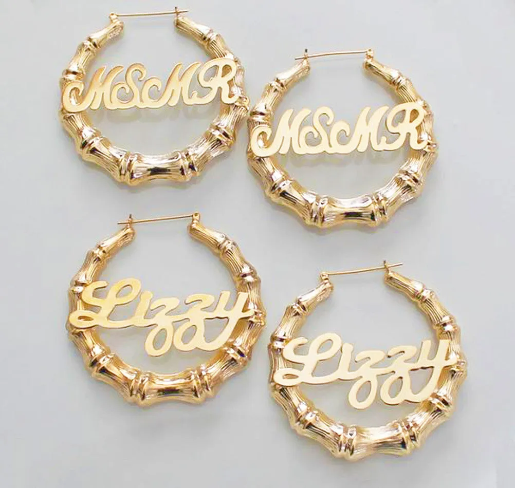 Gold Large Bamboo Name Hoop Earrings