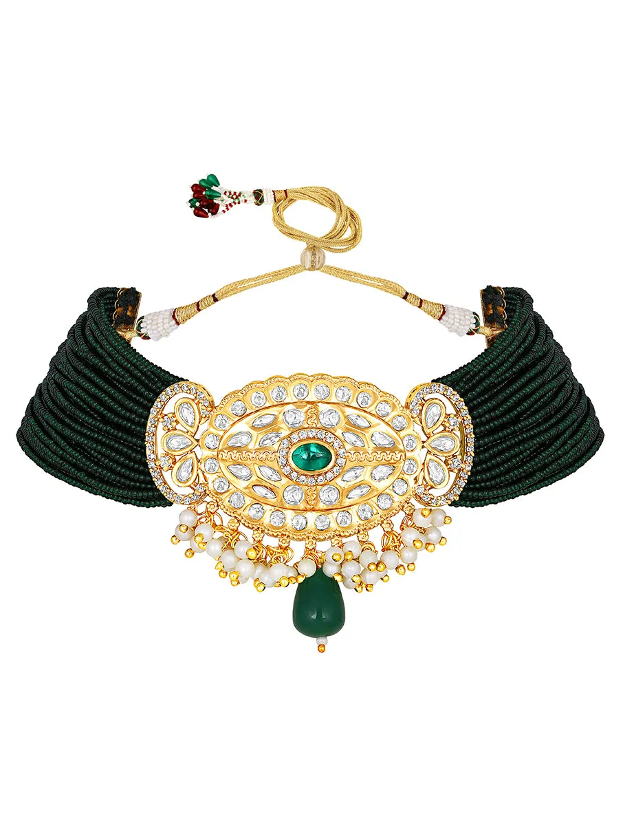 Gold Plated Kundan Necklace with Agate and Pearls