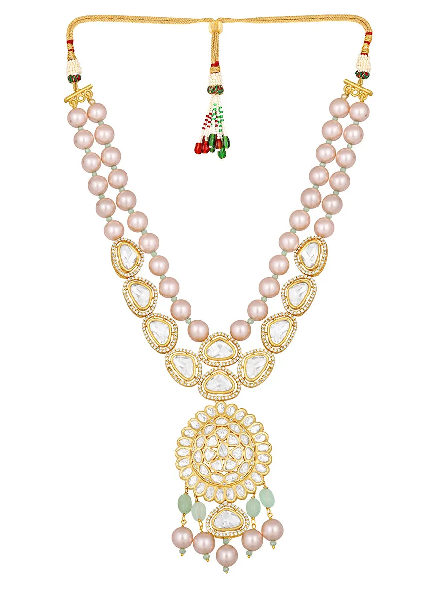 Gold Plated Kundan Necklace with Onyx and Pearls