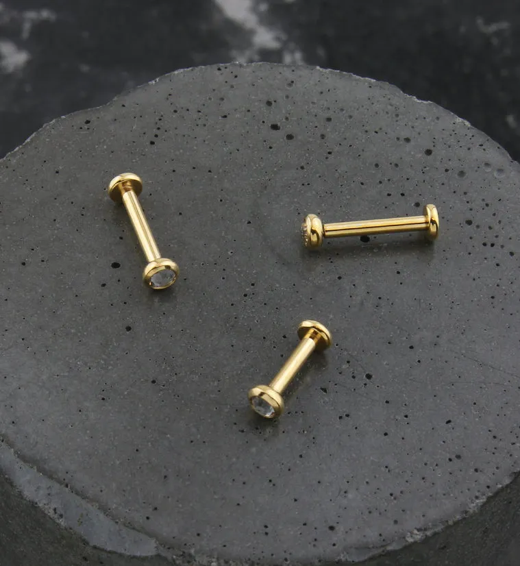 Gold PVD Flat Bezel Clear CZ Internally Threaded Titanium Labret