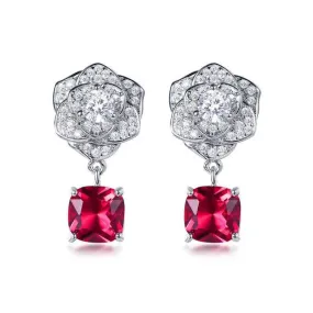 Gorgeous Flower Ruby Radiant Cut Drop Earrings