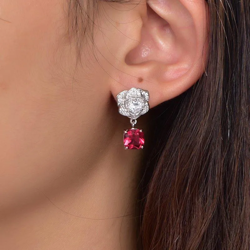 Gorgeous Flower Ruby Radiant Cut Drop Earrings