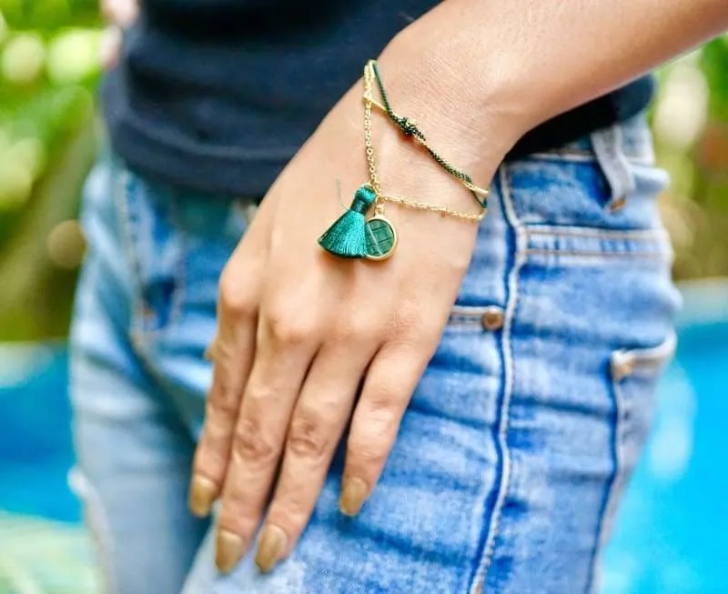 Green Tassel Charm Bracelet dipped in Gold MB24