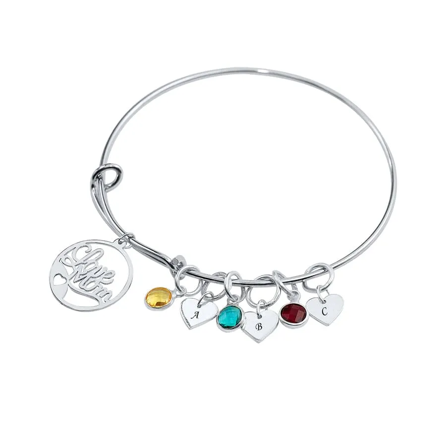 Heart Engraved Initials Bangle with Birthstones