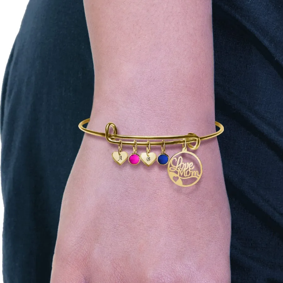 Heart Engraved Initials Bangle with Birthstones