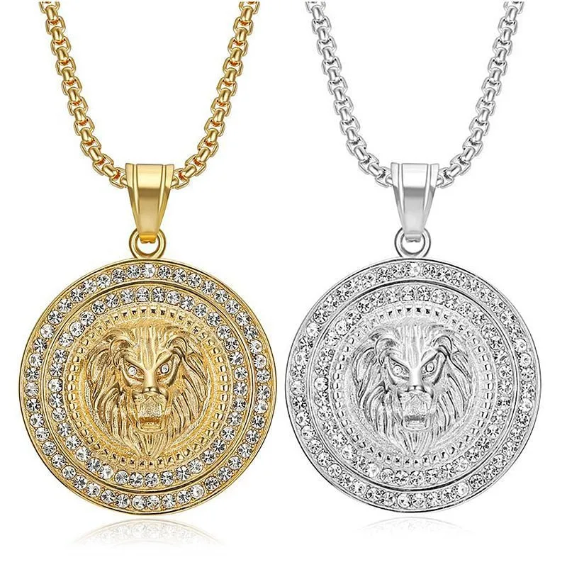 Hip Hop Stainless Steel Vacuum Plating Water Diamond Lion Head Pendant