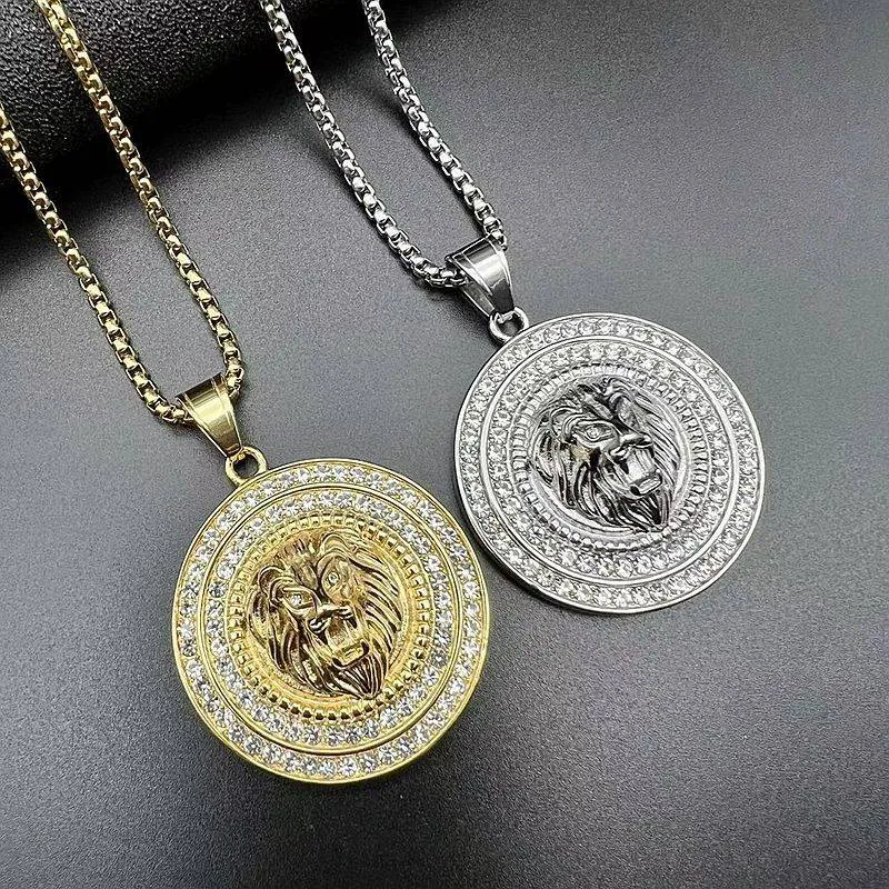 Hip Hop Stainless Steel Vacuum Plating Water Diamond Lion Head Pendant