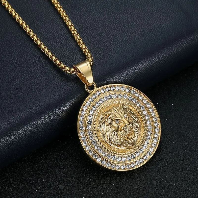 Hip Hop Stainless Steel Vacuum Plating Water Diamond Lion Head Pendant