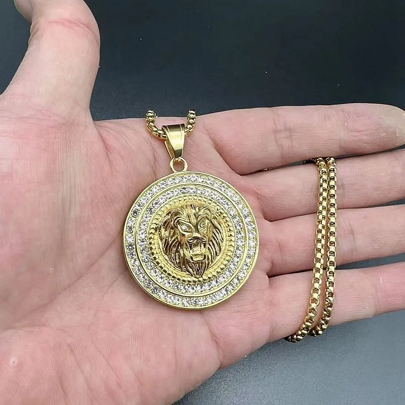 Hip Hop Stainless Steel Vacuum Plating Water Diamond Lion Head Pendant